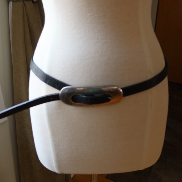 Streets Ahead belt black leather and large oval silver buckle size ITALY $185 S main image 14